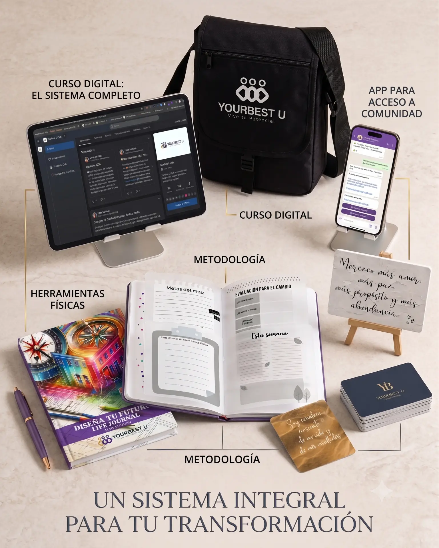 Kit Diseña Tu Futuro: curso digital, planificador, tarjetas de afirmación, app YBU Club y mochila YourBest U