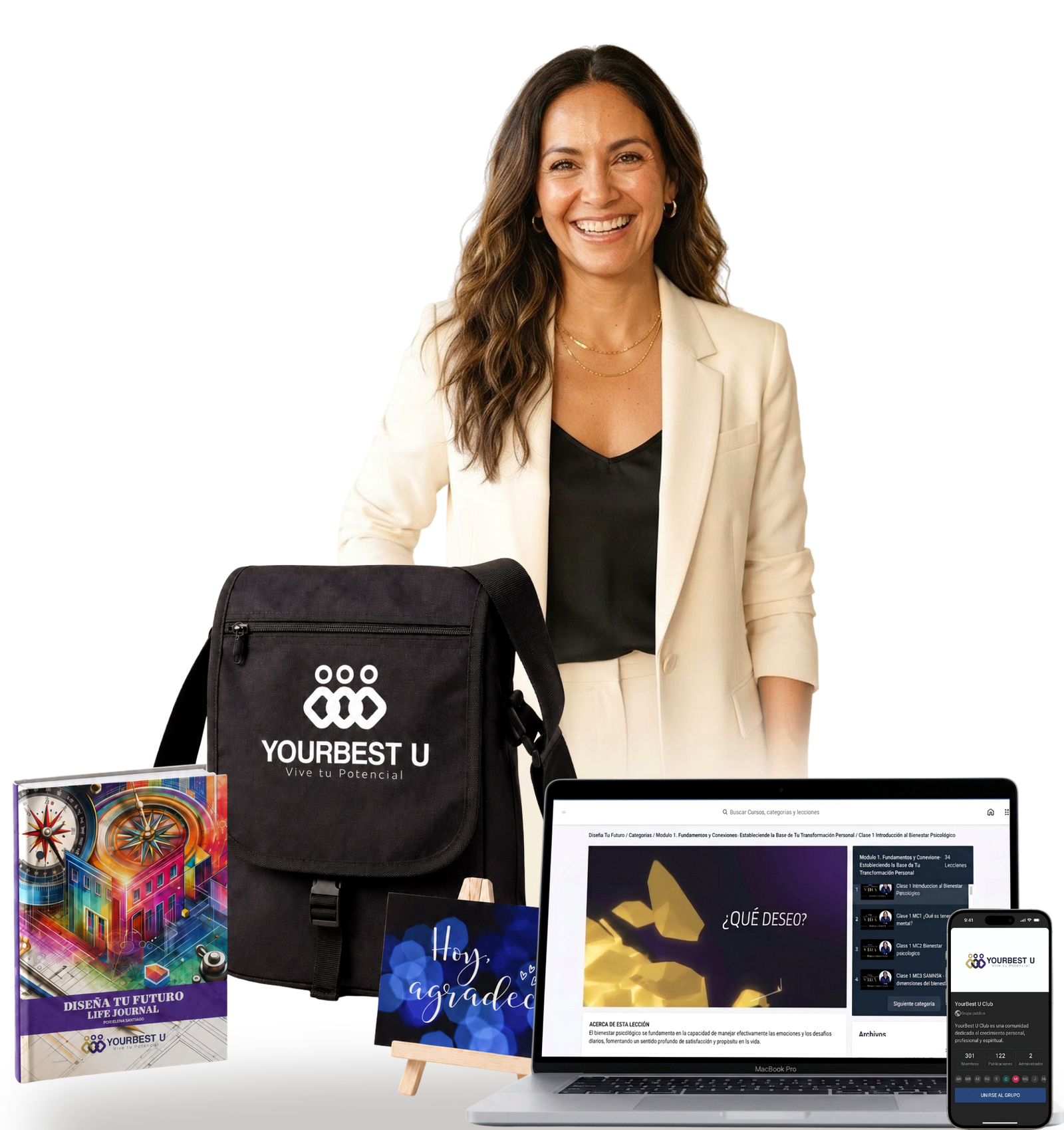 Mujer sonriente junto al kit completo de Diseña Tu Futuro: planificador, mochila, tarjeta de afirmación, curso digital en laptop y app en el teléfono
